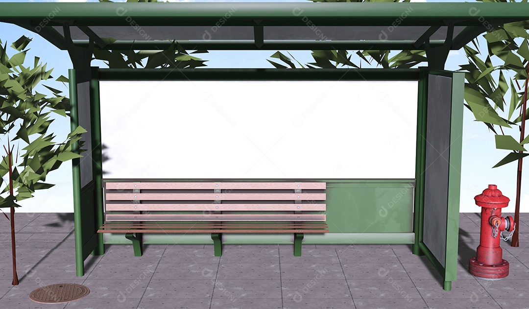 Parada de ônibus de vista frontal de ilustração 3D e placa frontal para espaço de cópia, mensagem, informação, texto, anúncio, anúncio e outros