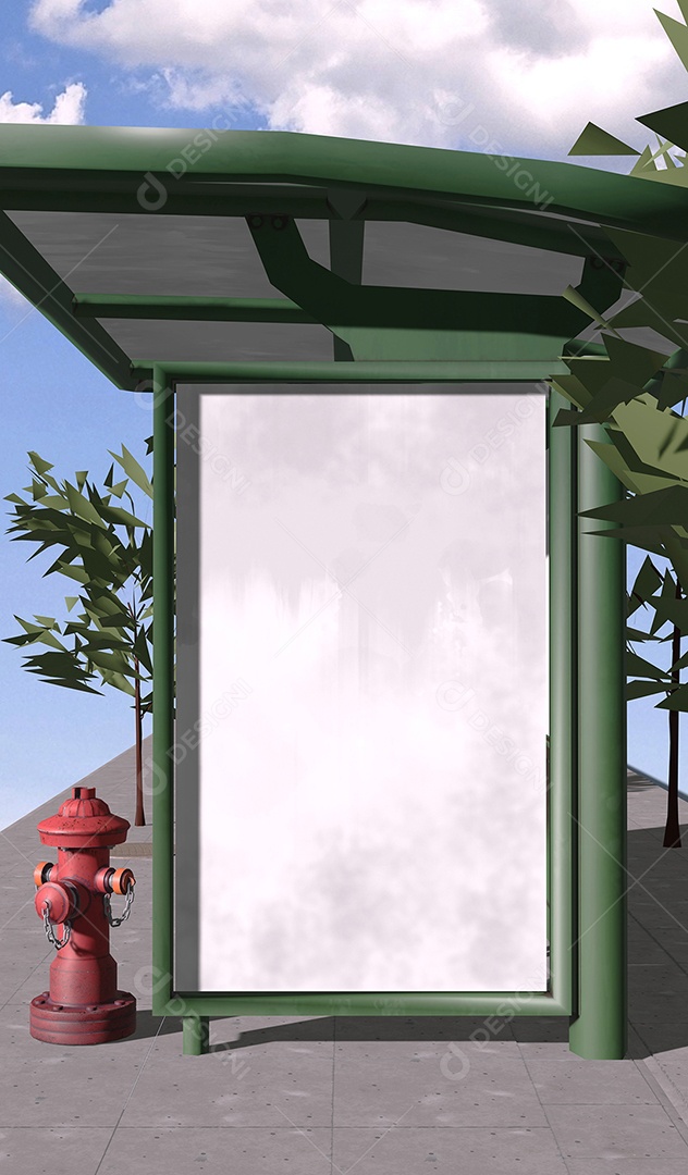 Parada de ônibus de vista lateral de ilustração 3D e quadro em branco lateral para espaço de cópia, mensagem, informação, texto, anúncio, anúncio e outros