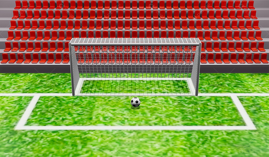 3D render ilustração futebol na frente do gol e assento no fundo do estádio