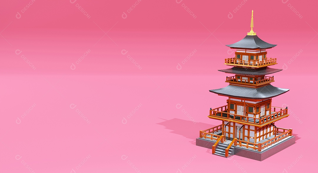 Templo japonês de renderização 3D em fundo de cor vermelha, tema Japão e espaço de cópia para mídia, propaganda e outros