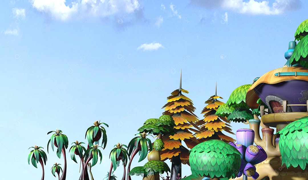 Árvore de close-up 3D e design de desenho animado ambiental, ilustração de renderização em 3D fundo do céu em branco para espaço de cópia