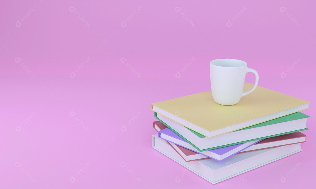 Copo no livro de pilha em fundo rosa pastel, design minimalista, renderização em 3D