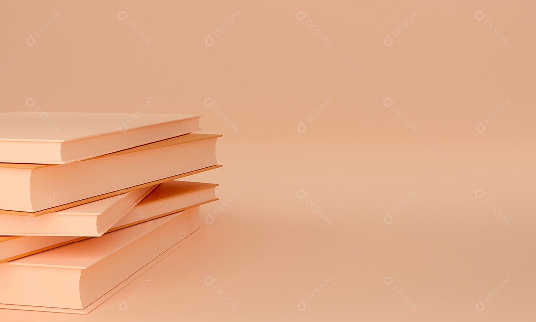 Design monocromático de livro de pilha em fundo laranja pastel, design minimalista, renderização em 3D