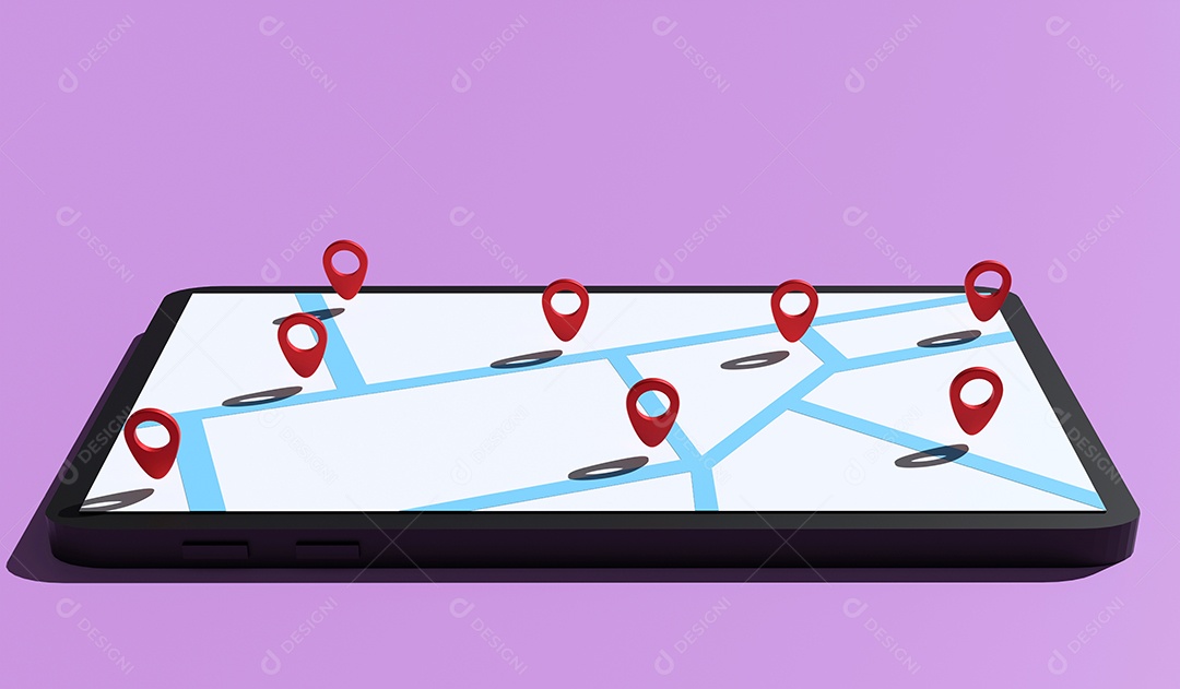 Mapa de renderização 3D e pino GPS para marcar ponto para a localização do cliente em fundo roxo