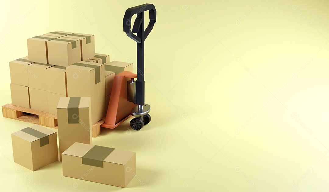 Pilha de caixa de produto de renderização 3D em palete e elevador manual configurado para transporte para o cliente