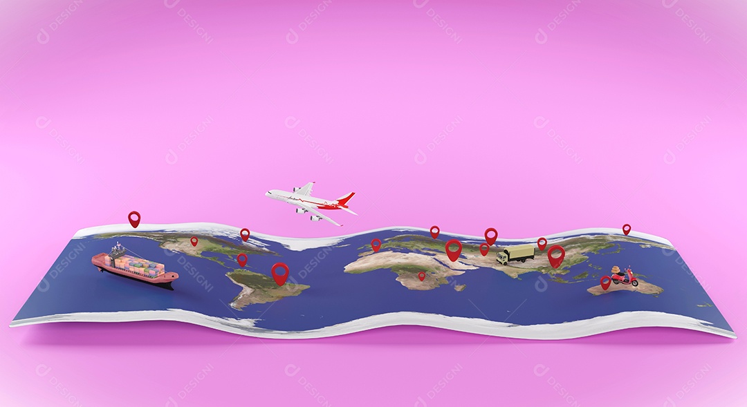 Mapa mundial de renderização 3D e pino GPS, ecossistema de transporte para atendimento ao cliente em todo o mundo