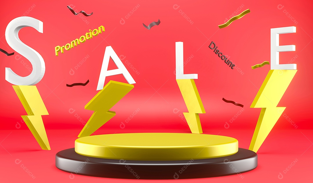 Festival de venda de flash de renderização 3D e pódio para produtos publicitários, sinal de venda no suporte de trovão