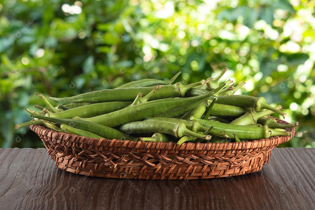 Quiabo verde fresco na cesta. Ingrediente Caruru