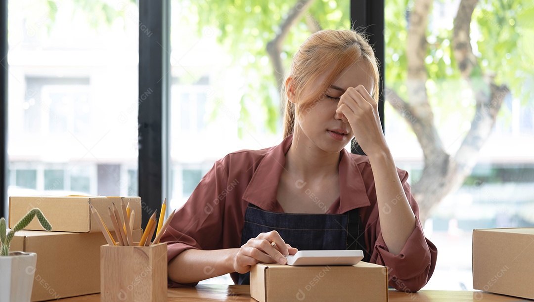 Um retrato de uma jovem asiática séria trabalhando com laptop