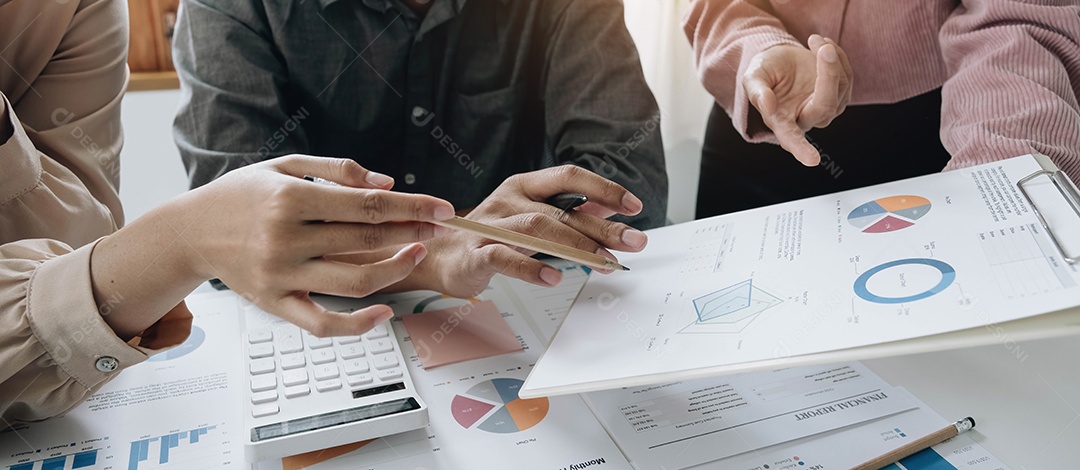 Equipe de negócios analisando tabelas e gráficos de renda