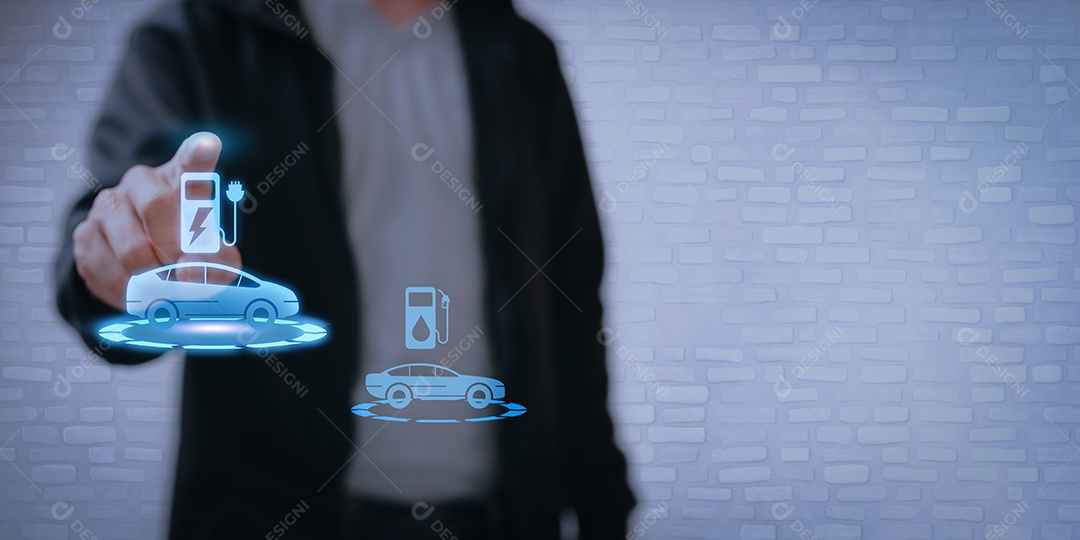 Escolhendo um veículo elétrico. escolha de carro elétrico vs gasolina. apontando para o símbolo