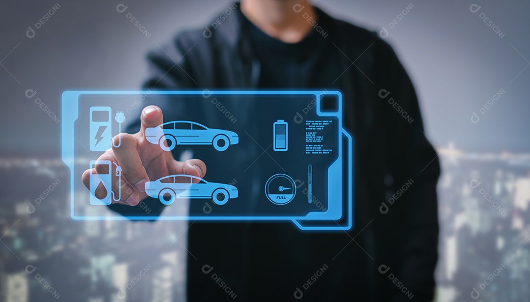 Escolhendo um veículo elétrico. escolha de carro elétrico vs gasolina. apontando para o símbolo