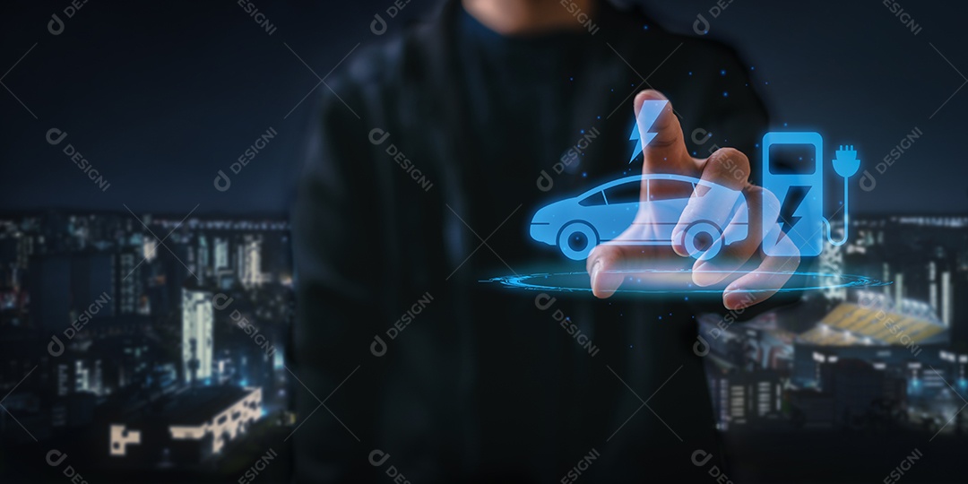 Escolhendo um veículo elétrico. escolha de carro elétrico vs gasolina. apontando para o símbolo