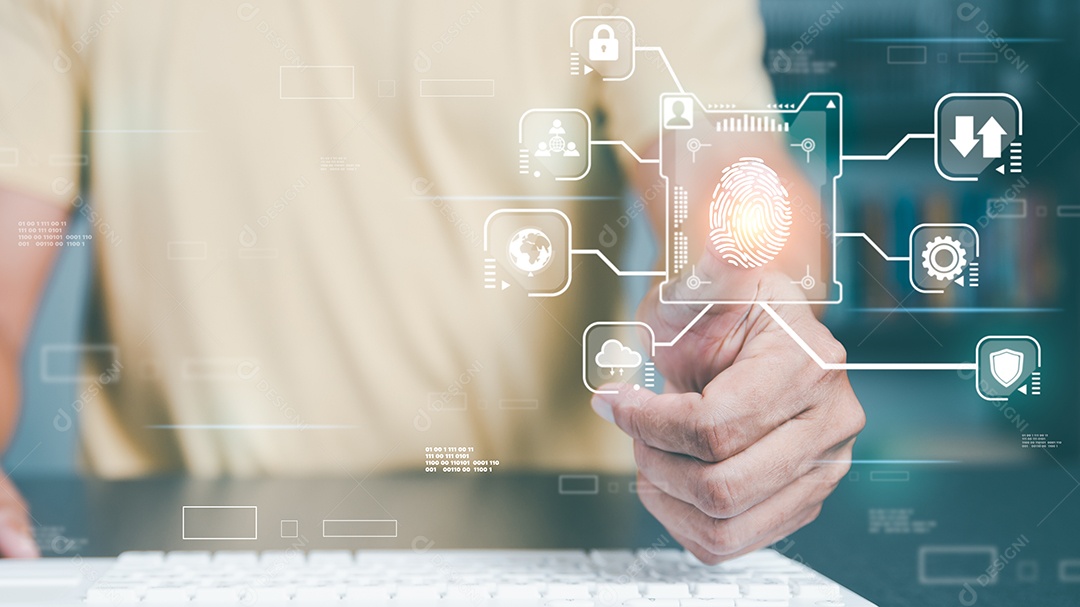 O homem de negócios faz a varredura da impressão digital através do login virtual da tela para