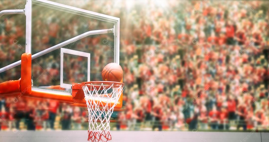 Basquete passando pela rede e marcando durante a partida, foco embaçado e suave