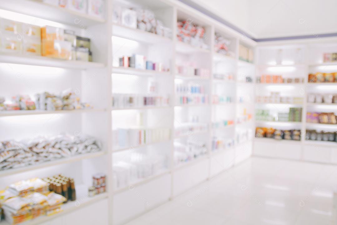 armário de remédios embaçado e loja de remédios e farmácia para segundo plano