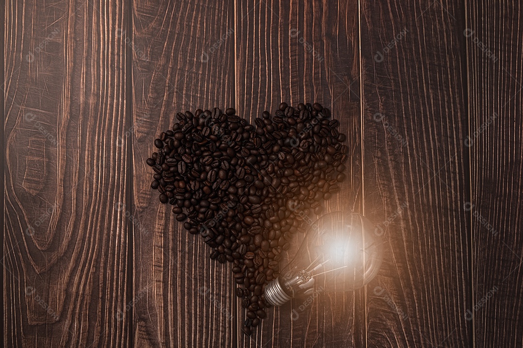 I love drinking coffee, heart-shaped coffee beans, light bulbs emit energy.