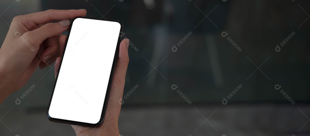 Imagem de maquete em branco, tela branca, celular, mão segurando