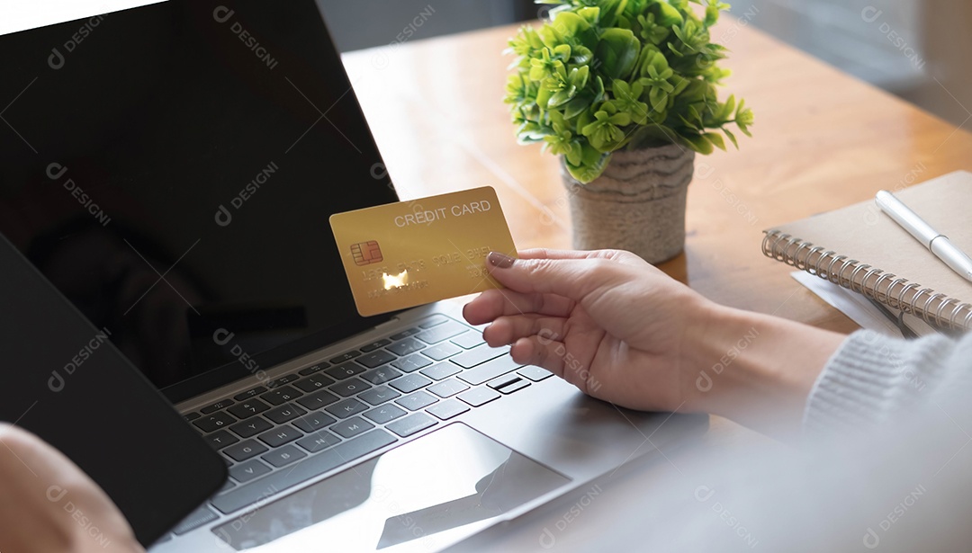 Pagamento on-line, mãos de jovem usando computador