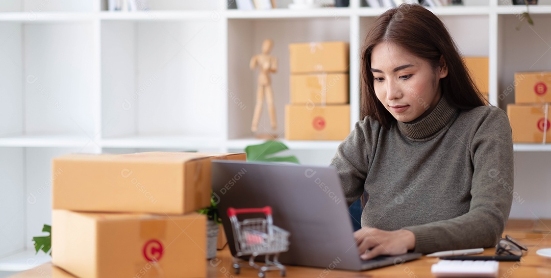 Sucesso da jovem mulher asiática para negócios on-line