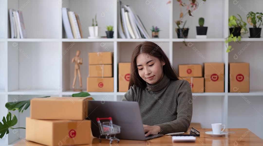 Sucesso da jovem mulher asiática para negócios on-line