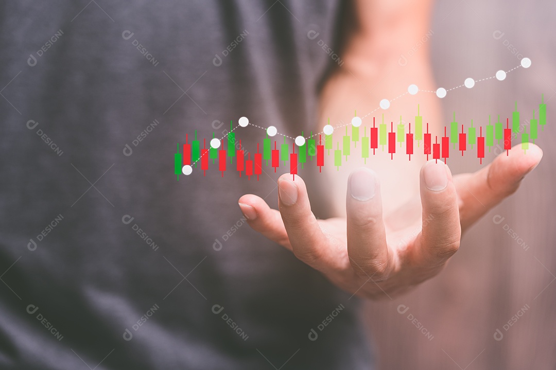Businessman or trader. Investors are showing stock graphic hologram.