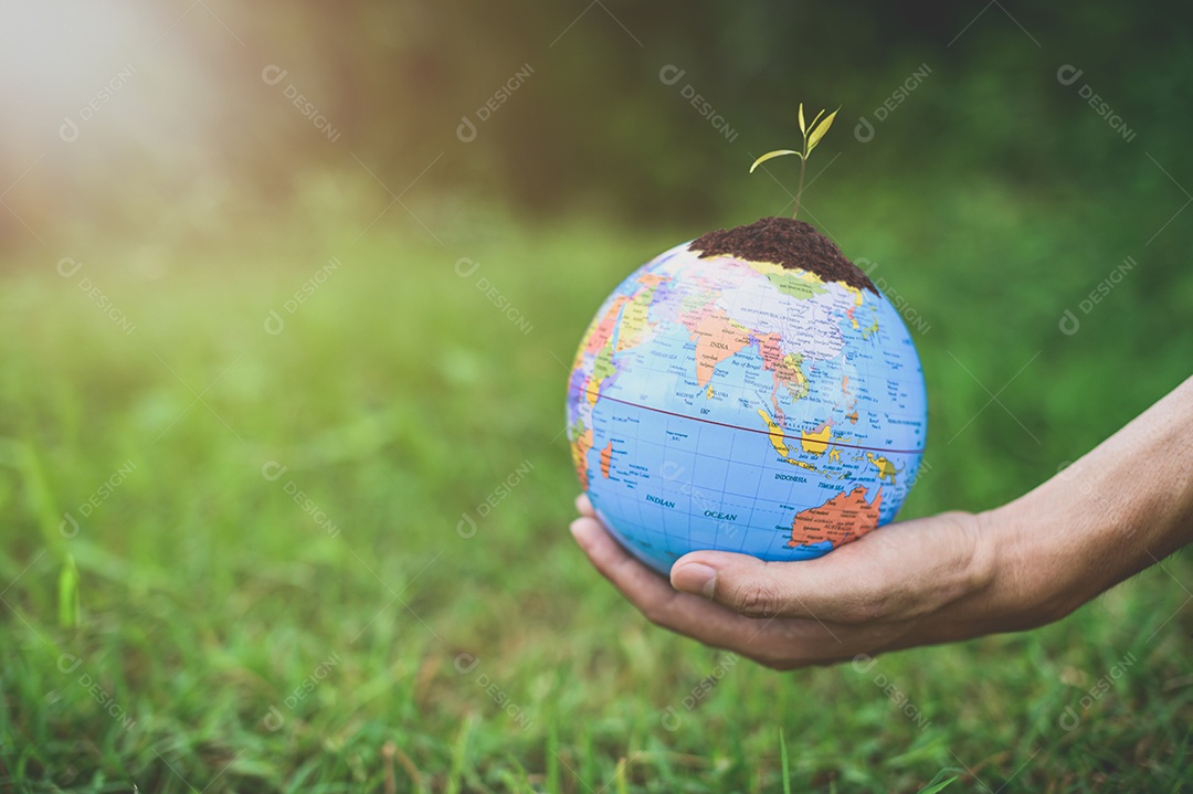 Dia Mundial do Meio Ambiente Ame o mundo Mão segurando um globo