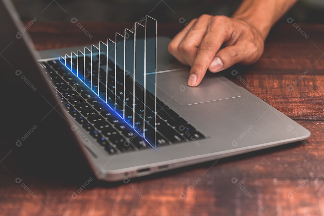 Laptop, análise e tecnologia financeira e bancária