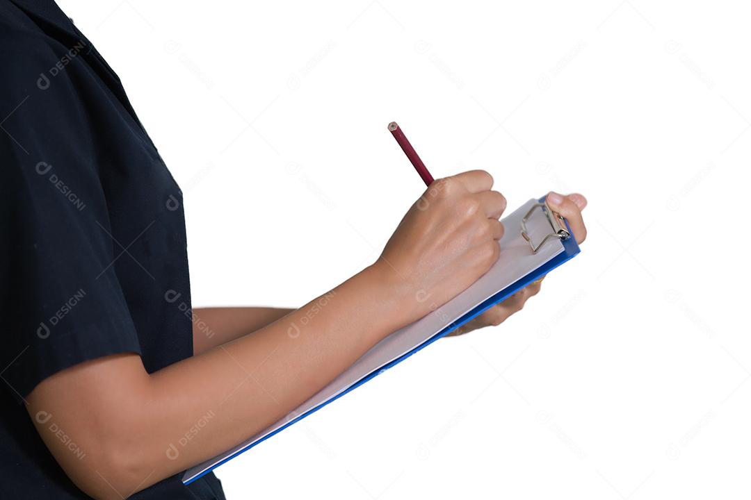 Asian female engineers and technicians are checking list on whiteboard isolated on white background