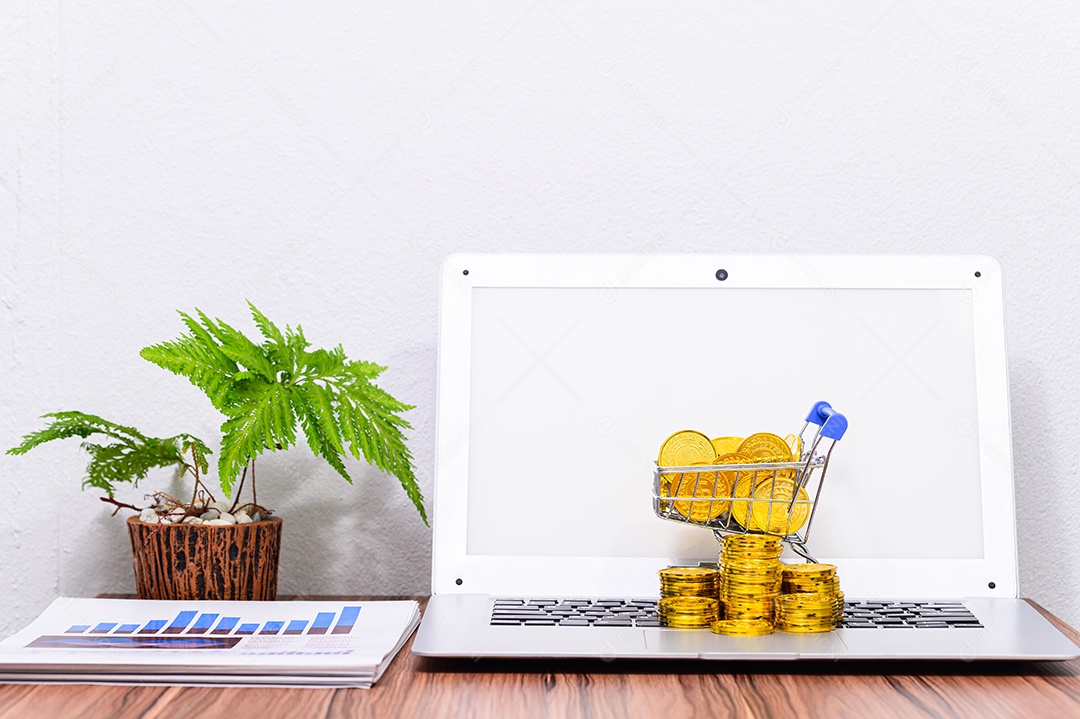 Investir e cultivar uma pilha de moedas colocadas no computador