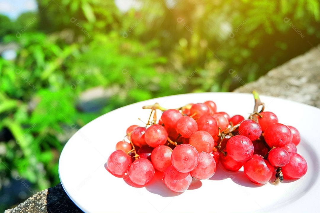 Uvas vermelha sobre prato branco