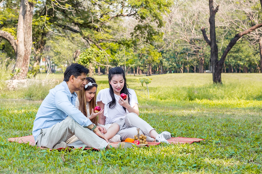 Famílias asiáticas relaxam no parque