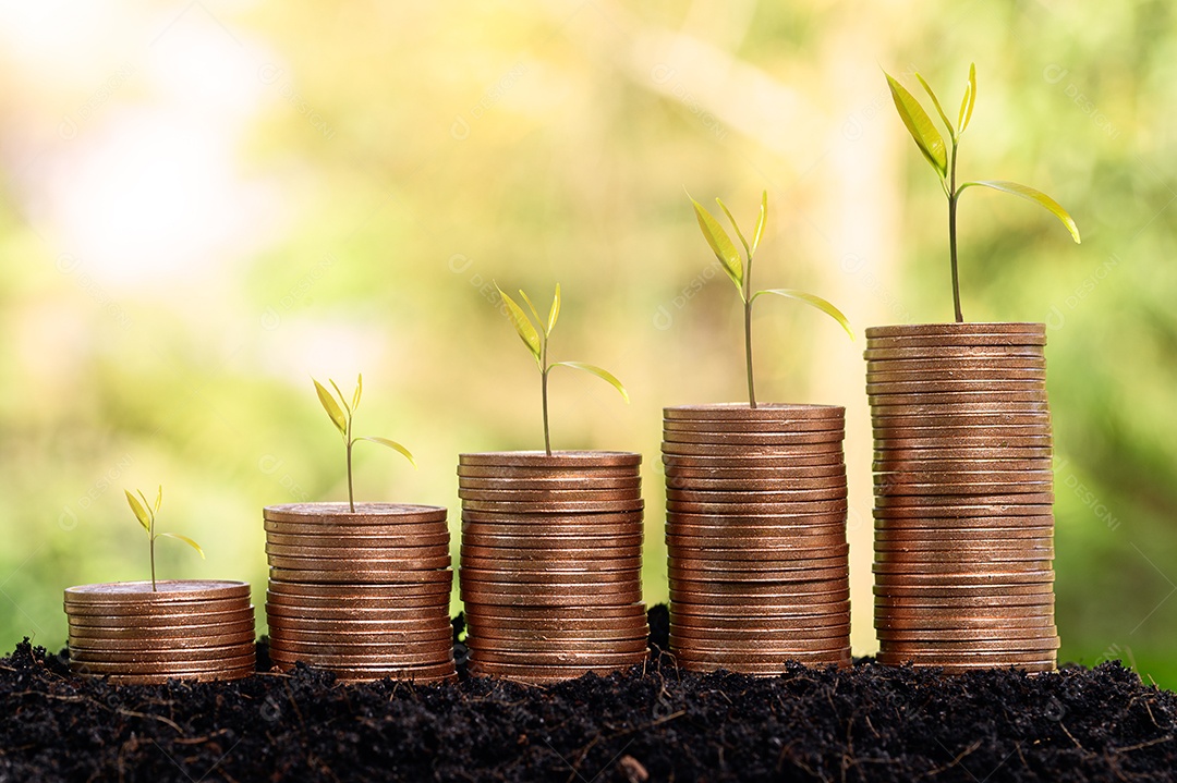 Gráfico crescente da pilha da moeda do dinheiro com fundo do bokeh da luz do sol