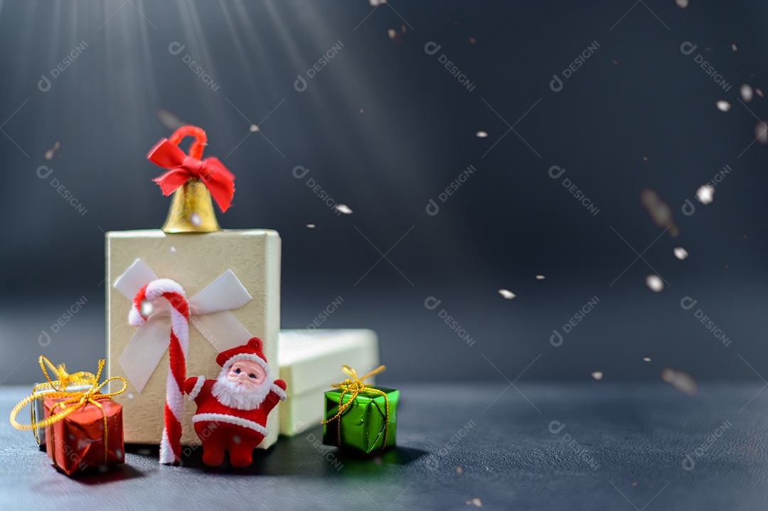 Merry christmas gift box snowy night background