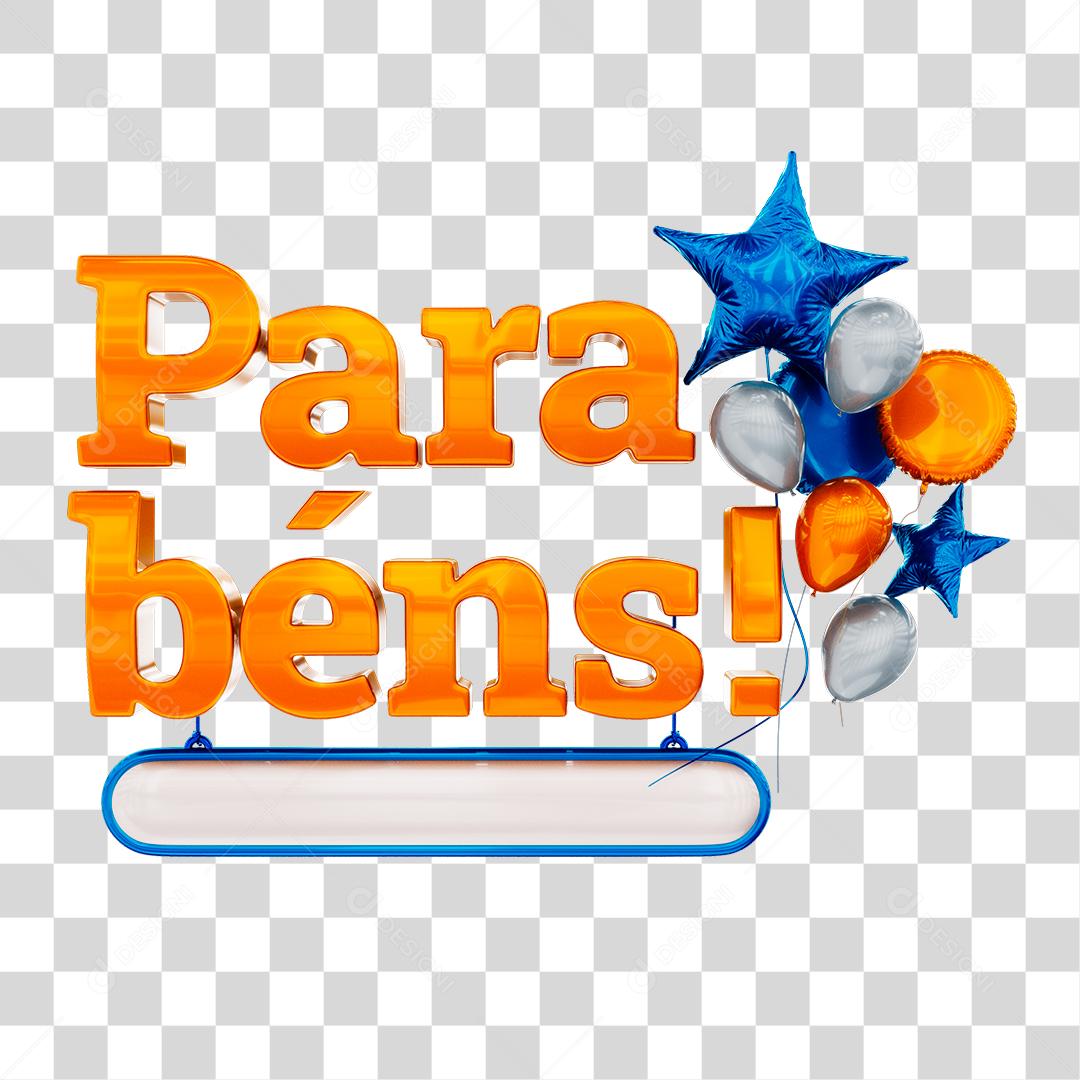 Parabéns Texto 3D Com Balões Azul Branco e Laranja PNG Transparente