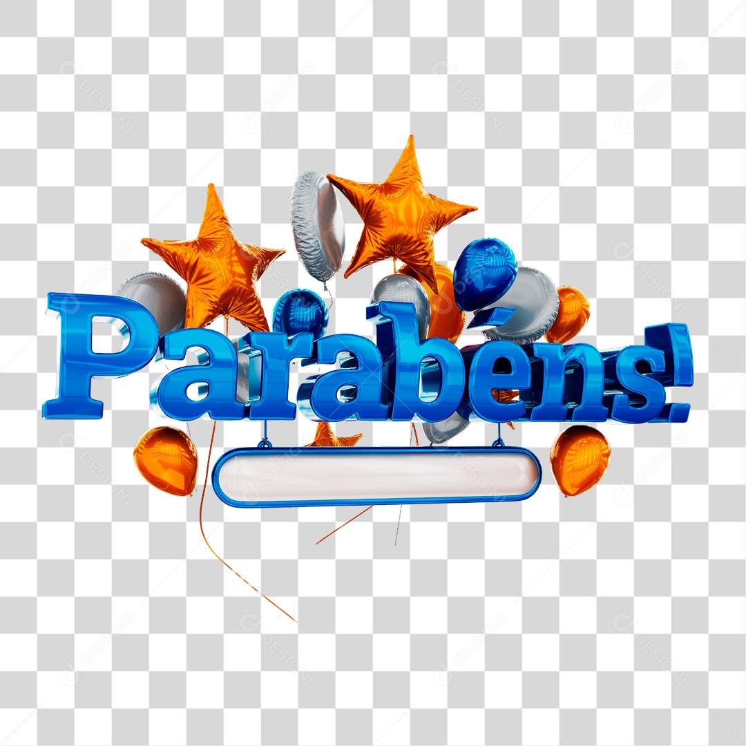 Parabéns Texto 3D Com Balões Azul, Branco e Laranja PNG Transparente