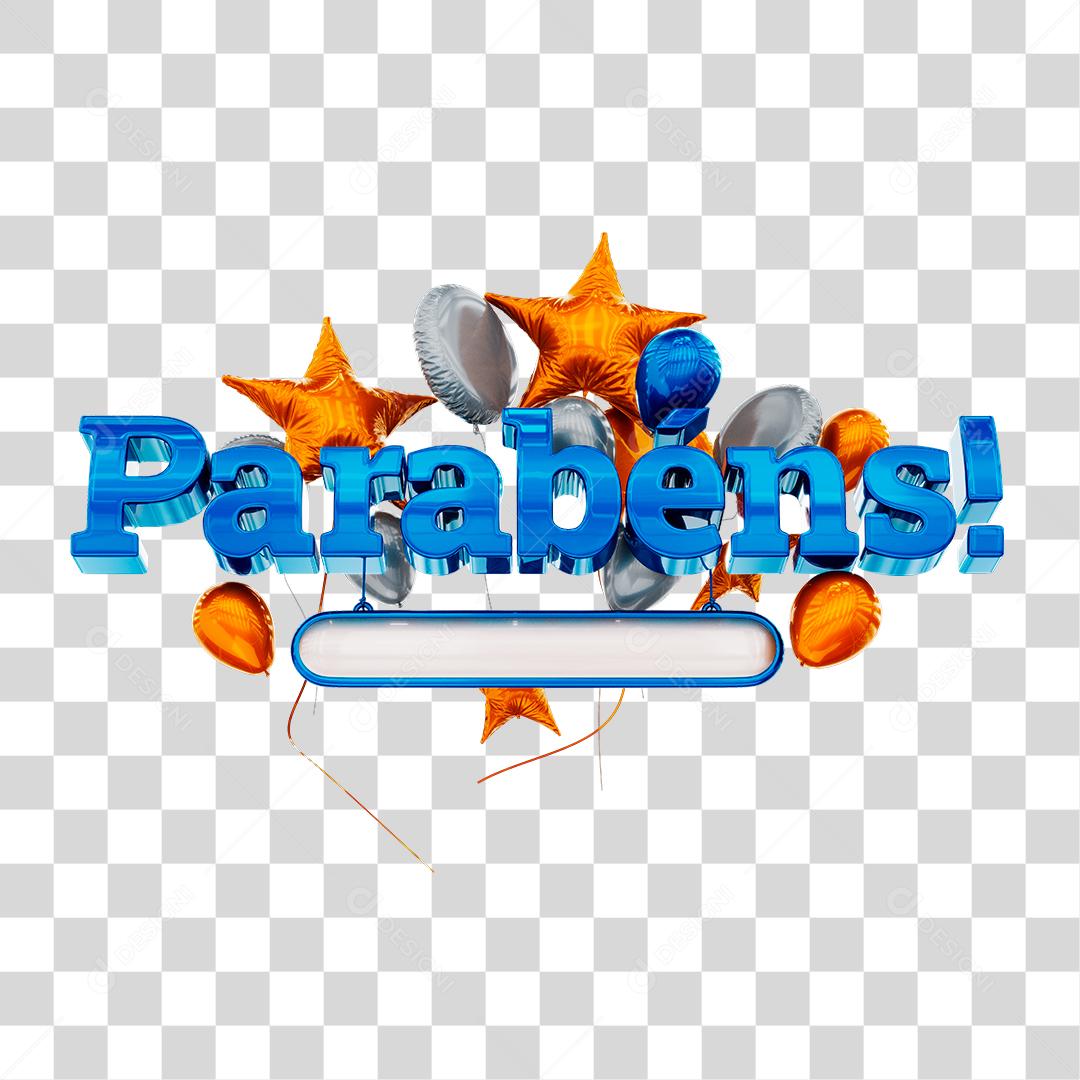 Parabéns Texto 3D Com Balões Azul Branco e Laranja PNG Transparente