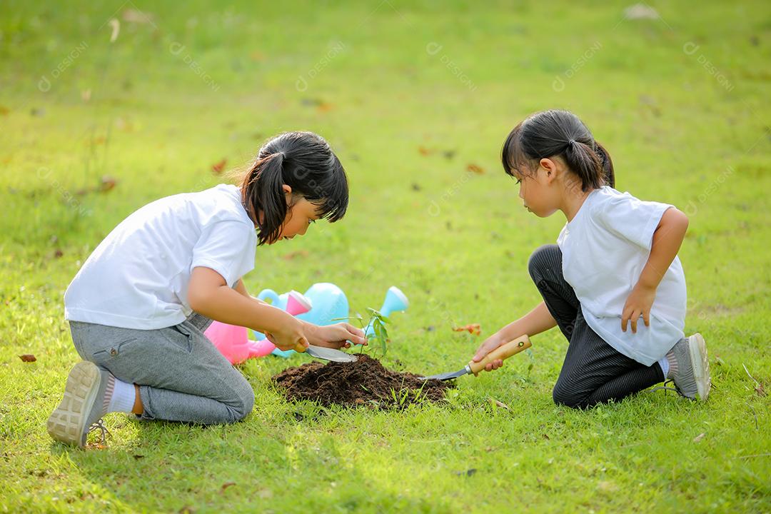 Meninas bonitinhas Asiáticas plantando árvore em solo preto no parque.