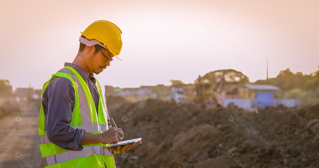 Engenheiro asiático com capacete de segurança usando computador tablet pc inspecionando