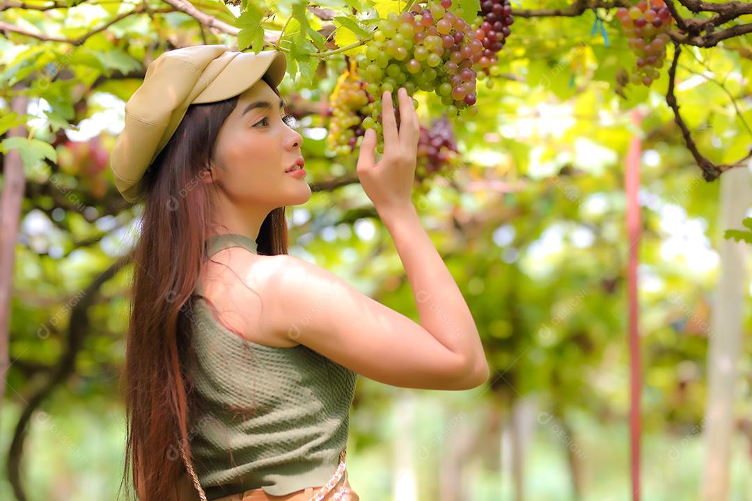 Mulher asiática segurando um cacho de uva em vinhedo.