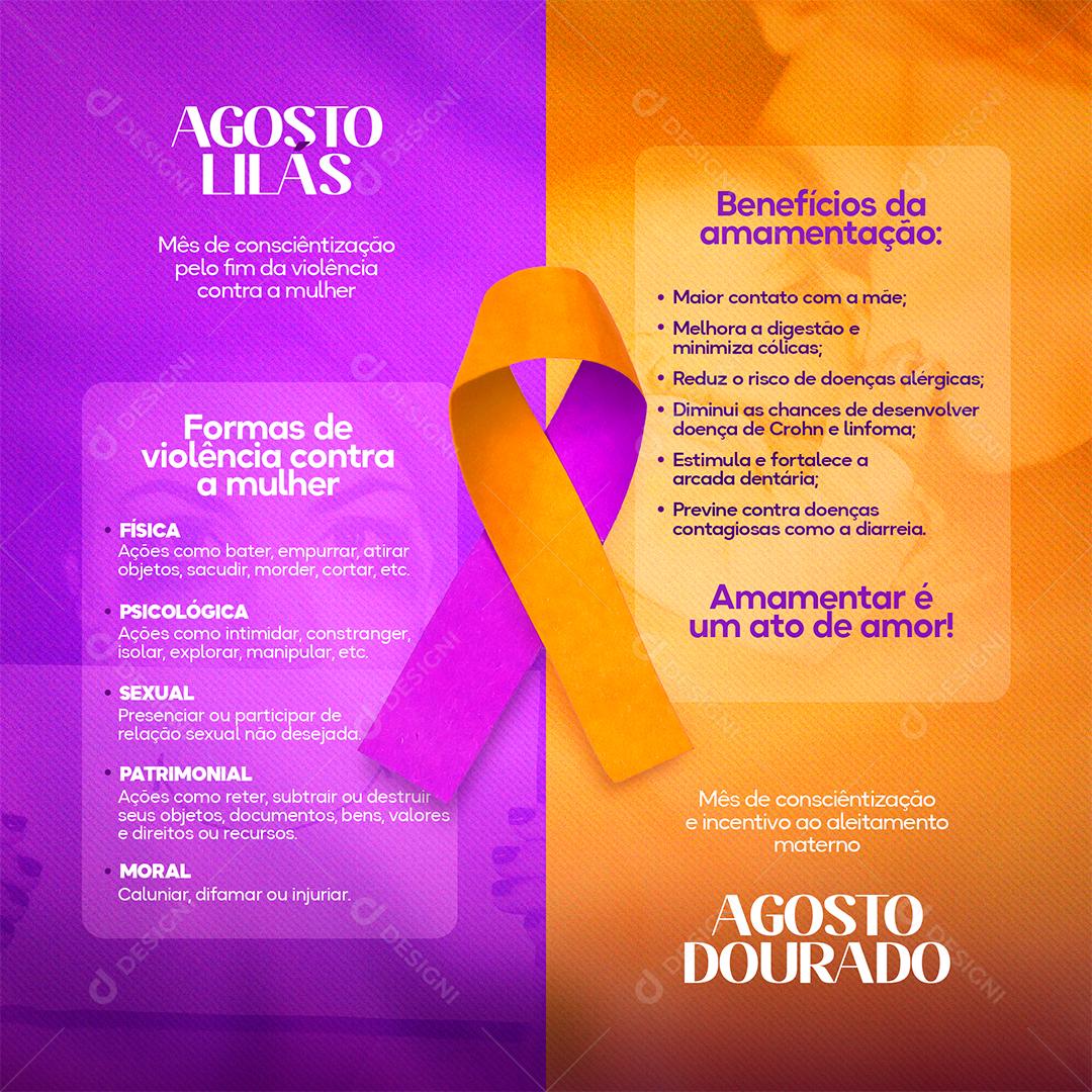 Social Media Agosto Lilás e Agosto Dourado PSD Editável