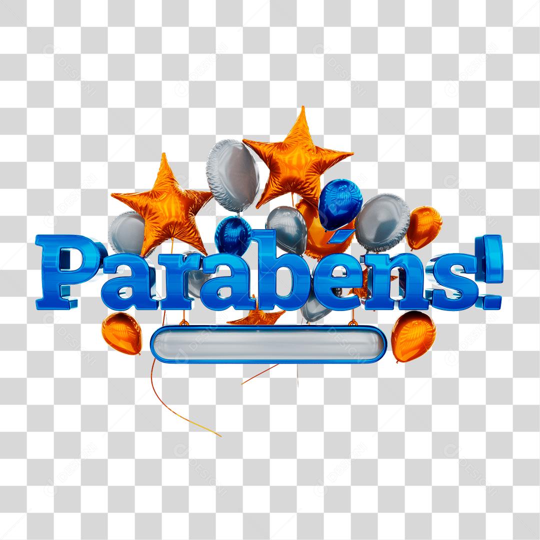 Parabéns Texto 3D Com Balões Azul, Branco e Laranja PNG Transparente