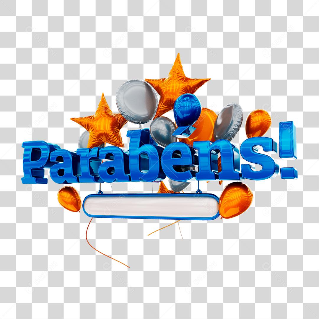 Parabéns Texto 3D Com Balões Azul, Branco e Laranja PNG Transparente