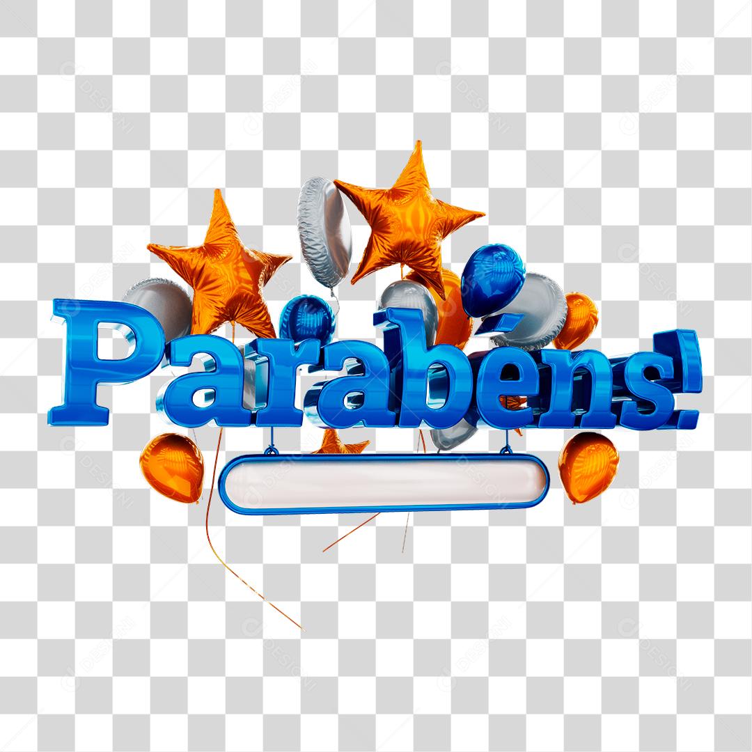 Parabéns Texto 3D Com Balões Azul, Branco e Laranja PNG Transparente