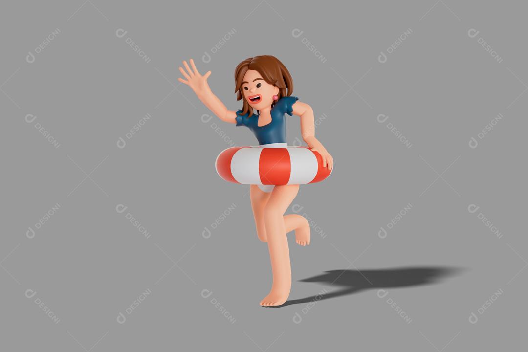 Turista feminina em traje de banho usando boia para nadar no mar ilustração 3D PSD
