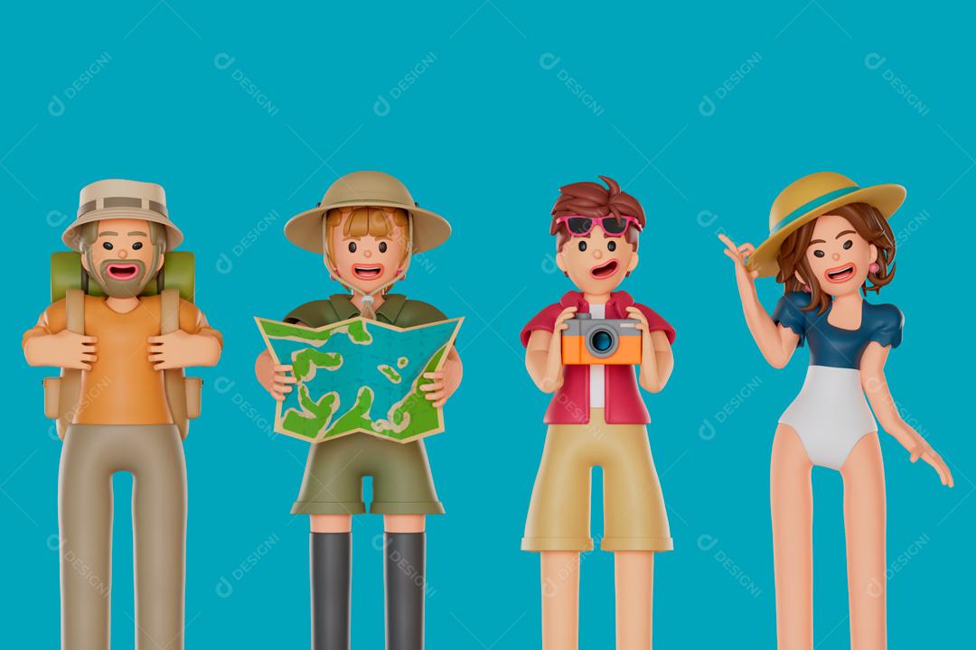 Os 4 turistas foram fazer uma caminhada ilustração 3D PSD