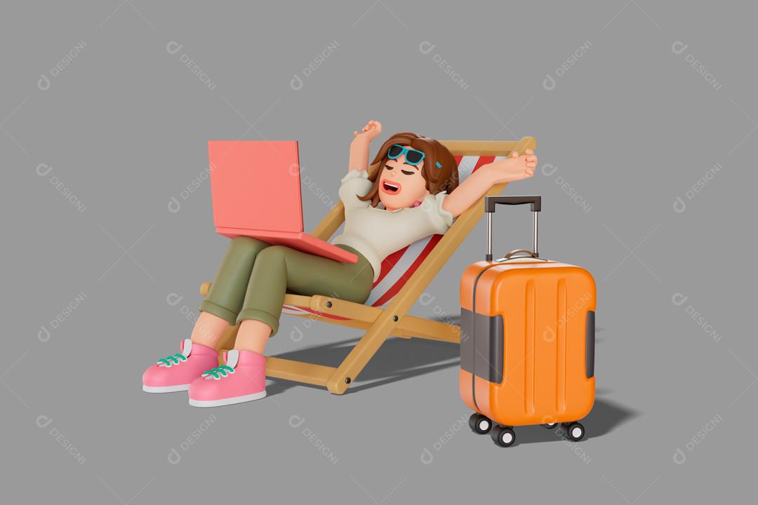 Mulher Turista trabalhando sentada em uma cadeira de praia ilustração 3D PSD