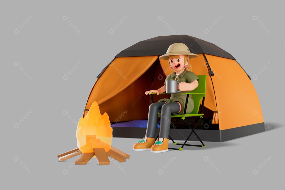 Mulher sentada tomando café perto da barraca em uma fogueira ilustração 3D PSD