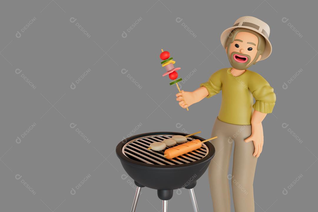 Turista masculino fazendo um churrasco ilustração 3D PSD