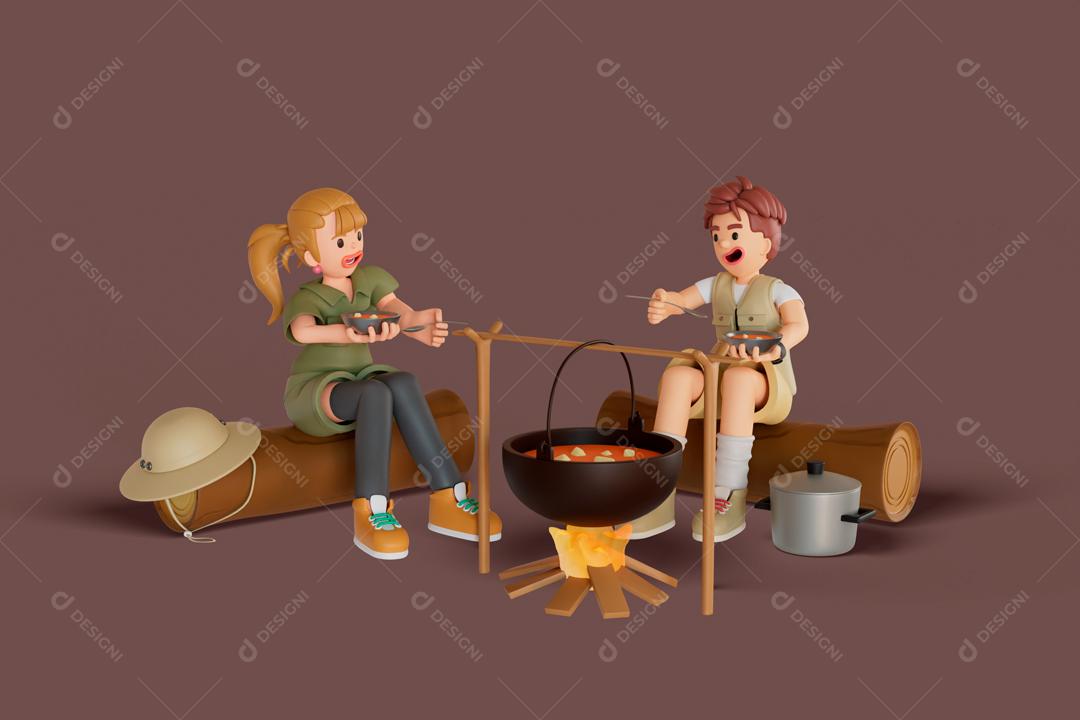 Casal de Turistas comem comida ao redor da fogueira ilustração 3D PSD